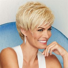 You will love this short, classic cut with smooth layers on the top and sides that blend with barely waved layers in the back. EXCELLE - Heat Friendly Synthetic Fiber Style is shown in color: LT BLOND - Light Blonde GABOR ESSENTIALS COLLECTION Gabor Wigs, Best Hair Dye, Haircut Designs, Short Pixie Haircuts, Brown To Blonde, Short Wigs, Light Blonde, Short Pixie, Synthetic Wig