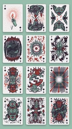 six playing cards with different designs on them