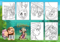 the disney princess coloring book is shown in four different styles and features an image of rapp