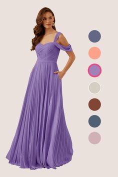 a woman in a long purple dress with different colors