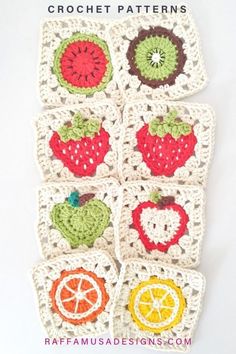 crocheted fruit coasters are arranged on a white surface