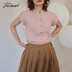 Tavimart 100% Linen Women'S Shirt Summer Casual Solid Stand Neck Short Sleeve Button Up Women'S Elegant Blouses Vintage Clothing Summer Blouse With Stand Collar And Buttons, Stand Collar Blouse With Buttons For Summer, Blouses Vintage, Womens Pleated Skirt, Neck Bandage, Linen Shirts Women, Stand Neck, Womens Prom Dresses, Elegant Blouses