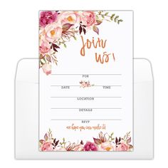 a wedding card with pink flowers and the words, join us on it's front