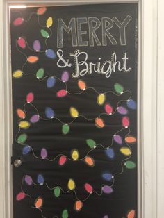 a door decorated with christmas lights and the words merry & bright written in white chalk