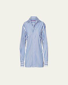 Ralph Lauren "Capri" striped poplin blouse. Spread collar; Frenchplacket button front. Long sleeves; onebutton cuffs. Yoked back shoulders. Relaxed silhouette. Straight hem; side slits. Cotton. Made in Italy. Ralph Lauren Striped Collared Tops, Ralph Lauren Blue Tops With Button Closure, Ralph Lauren Striped Shirt, Ralph Lauren Spring Button-up Top, Blue Vertical Stripes Button-up Blouse, Designer Ralph Lauren, Poplin Blouse, Ralph Lauren Collection, Blouse White