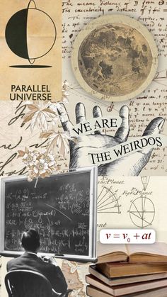 the collage shows an old book, a blackboard and some writing on it