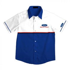 Apparel Pit Shirt ButtonUp Short Sleeve Blue/White Ford Racing Nascar Outfit, Nascar Pit Crew, Pit Crew Shirts, Twin Day, Stanced Cars, Ford Logo, Pit Crew, Ford Racing, Uniform Design