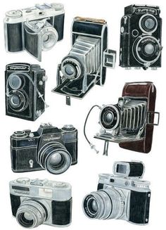 an image of vintage cameras drawn in pencil