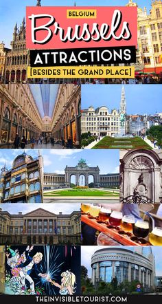 an advertisement for brussels attractions with images of buildings and other things in the background, including a