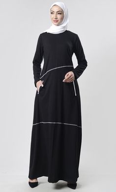 Simple Top Stitch Detailed Abaya With Pockets - EastEssence.com Casual Long Sleeve Abaya With Modesty Panel, Stretch Abaya With Long Sleeves, Abaya With Pockets, White Details, Simple Top, Perfect Wardrobe, Embroidered Jacket, Full Sleeves, Womens Tunics