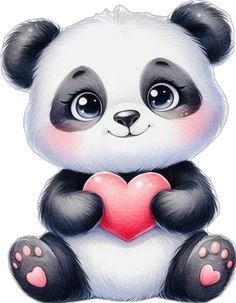 a panda bear holding a heart shaped object