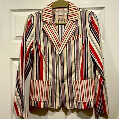 Nwt Tommy Hilfiger Blazer Size 8. Cream Color With Red And Blue Stripes. Looks Great With Jeans, I Just Have Too Much And Never Wore It. Fitted Striped Cotton Outerwear, Fitted Cotton Outerwear With Striped Pattern, Red Cotton Blazer For Spring, Tommy Hilfiger Long Sleeve Blazer For Spring, Casual Striped Blazer With Button Closure, Casual Striped Blazer With Pockets, Casual Striped Single Breasted Outerwear, Casual Striped Single-breasted Outerwear, Tommy Hilfiger Jackets