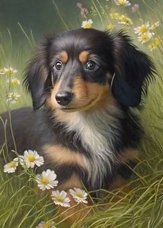 a painting of a dog laying in the grass with daisies