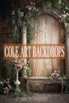 the cover for cole art backdrops with roses and greenery on it, in front of an open window