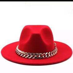 Casual Solid Colored Fedora Hat With Faux Gold Link Chain Detail! The Hat Is The Same Color Throughout! 7cm Brim / 12cm Side/ 56-58cm Top 35% Polyester 60% Cotton #Fedorahat! Trendy Flat Brim Felt Hat For Party, Trendy Brimmed Felt Hat For Party, Casual Flat Brim Felt Hat For Party, Trendy Flat Brim Hat For Party, Trendy Flat Brim Party Hat, Casual Party Felt Hat With Short Brim, Casual Flat Brim Hat For Parties, Casual Flat Brim Party Hat, Red Fedora Felt Hat For Party