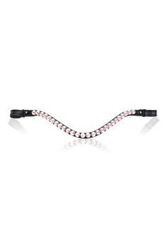 a black and pink bracelet with beads on it's end, in front of a white background