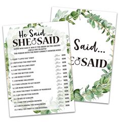 two cards with the words he said she said, and an image of leaves on them