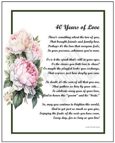 a poem written in the language of 40 years of love with pink peonies