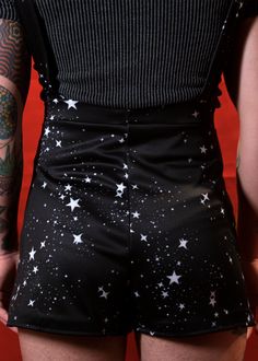 Star Print Overall Shorts – Trash Queen Black Star Print Bottoms For Night Out, Trendy Black Bottoms With Star Print, Black Moon, Metal Straps, Chunky Knits Sweater, Black Star, Polyester Spandex, Overall Shorts, Star Print