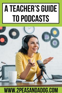 a woman with headphones sitting in front of a microphone and talking to someone on the radio