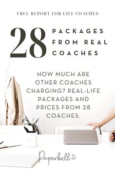 a woman sitting at a desk in front of a laptop with the text 28 packages from real coaches