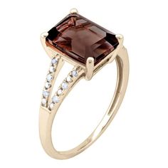 10k-yellow-gold-genuine-emerald-cut-smoky quartz-and-split-shank-diamond-ring Stone Chocolate, Split Shank Diamond Ring, Smoky Quartz Ring, Brown Gemstone, Split Shank Ring, Bold Rings, Emerald Cut Rings, Diamond Free, Right Hand Rings