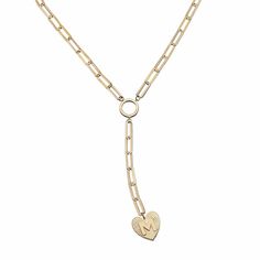 Jennifer Zeuner Jewelry Althea Lariat Timeless Necklaces For Valentine's Day, Elegant Personalized Heart Chain Necklace, Elegant Everyday Heart Necklace With Initials, Elegant Personalized Heart Pendant Chain Necklace, Personalized Heart Shaped Chain Necklace, Personalized Heart Chain Necklace, Personalized Heart-shaped Chain Necklace, Gold Lariat Jewelry With Heart Charm, Gold Lariat Necklace With Heart Charm