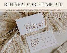 two white cards with gold foil lettering on them and the words refer card template are next to each other