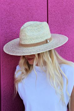 Handmade by artisans in Mexico, our new 100% baked palm leaf Islander Hat is perfect for spring and summer wear. Featuring a molded crown and tightly woven pressed palm, this hat offers the most sun protection. Embellished with a faux suede band and exclusive cut Swarovski crystals. - Hat is not adjustable, has the elastic band on the inside - Show with our "Designer Inspired" Hat Bands Adjustable Natural Sun Hat With Flat Crown, Cream Toquilla Straw Hat For Vacation, White Flat Crown Hat Bands For Beach, Natural Woven Summer Hat Bands, Artisan Panama Hat For Beach In Spring, Artisan Panama Hat For Spring Beach, Artisan Woven Straw Hat For Summer, White Flat Crown Fedora For Beach, White Flat Crown Fedora For The Beach