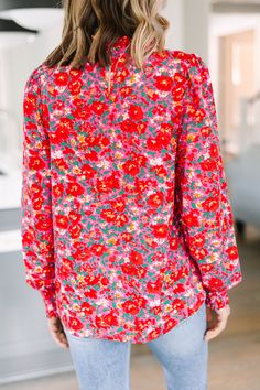 We can't change this blouse nor would we want to! It's gorgeous! That floral print is so vibrant and feminine! This blouse also has a very classic fit that we can't get over! You are going to love wearing this beauty for a day at work or for grabbing lunch with a friend! This blouse features a round neckline, long sleeves, and a floral print. Material has no amount of stretch.Cam is wearing the small. Multicolor Feminine Blouse With Ditsy Floral Print, Feminine Multicolor Floral Print Tops, Feminine Multicolor Tops With Ditsy Floral Print, Feminine Multicolor Ditsy Floral Print Tops, Vibrant Print Patterned Blouse For Day Out, Patterned Blouse With Vibrant Print For Day Out, Multicolor Ditsy Floral Print Blouse For Day Out, Fall Ditsy Floral Print Blouse, Spring Vibrant Print Patterned Blouse