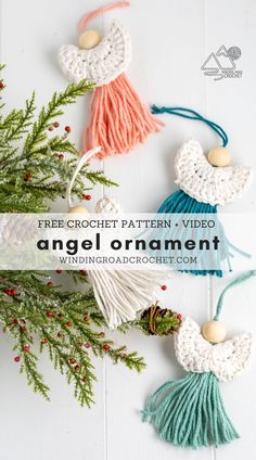 crochet angel ornament hanging on a branch with pine cones and berries