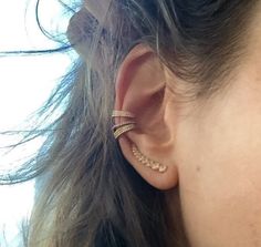 14k gold ear cuff set! Hot! Cuffs climber pave stones sterling 14 k yellow-gold and  diamond GLAM ear cuff 2 cuff set by TRIBEANDTREASURE on Etsy Elegant Everyday Ear Cuff, Tiny Elegant Gold Ear Cuff, 14k Gold Ear Cuff, Diamond Ear Cuff, Fake Piercing, Gold Ear Cuff, Ear Cuffs, Conch, Or Rose