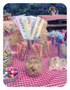 a table topped with lots of candy and candies on top of a checkered table cloth