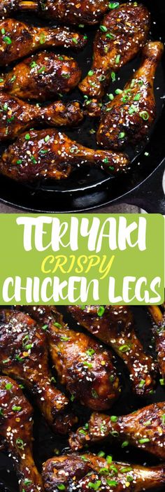 teriyaki crispy chicken legs in a cast iron skillet