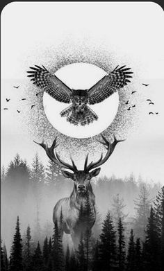 an eagle and deer are depicted in this black and white photo with the moon above them