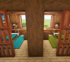 the inside of a minecraft house with lots of windows and doors that are open