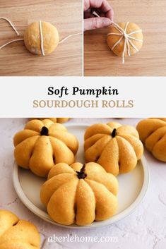 the steps to making soft pumpkin sourdough rolls are shown in three different pictures