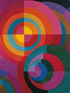 an abstract painting with different colors and shapes in the center, on a white background