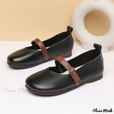 Olivia Mark - Genuine Leather Mary Jane Casual Flats with Soft Round Toe - Grandmother Shoes Canvas Loafers, Chunky High Heels, Travel Shoes, Peep Toe Sandals, Breathable Shoes, Jelly Sandals, Leather Mary Janes, Casual Flats, Leather Flats