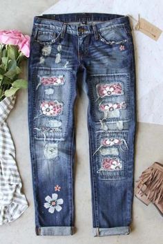 •Jeans feature daisy and leopard print patchwork •High waist and straight fit •1% Spandex, they have give but not too much !! •Distressed design is trendy and fashionable •Absolute cuteness!! •Wear with all your fave daisy tops!! Inseam 30-32” Fabric: 75% Cotton 24% Polyester 1% Spandex Size Chart (INCH) Sizes Waist Hip Relax Relax S 27.2 38.2 M 29.1 40.2 L 31.1 42.1 XL 34.3 45.3 2XL 37.4 48.4 3XL 40.6 51.6 Elasticity Medium Flare Jeans Style, Halloween Fest, Womens Ripped Jeans, Blue Flare Jeans, Destroyed Denim, Patchwork Jeans, Printed Jeans, Loose Jeans, Jeans Material