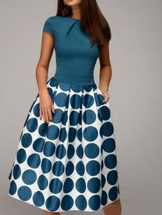 Endless styling possibilities are at your fingertips with the Cap Sleeve Polka Dots Women's Day Dress! Flair Skirt Outfit, Flair Skirt, Working Dresses, Dress Elegant Short, Poka Dot, Ladies Day Dresses, Robes Vintage, Round Neck Casual Dress, Afrikaanse Mode