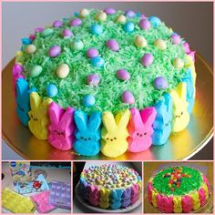 there is a cake with green frosting and peep holes on the top it