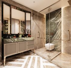 a bathroom with marble walls and flooring