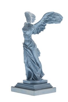 an angel statue is shown with its wings spread out to the side, and it's light blue