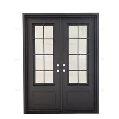 a black double door with two sidelights