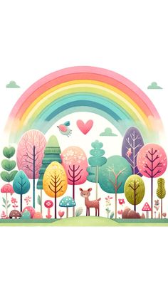 an illustration of a rainbow with trees and animals