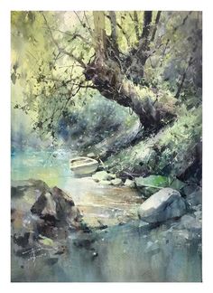 a painting of a river with rocks and trees