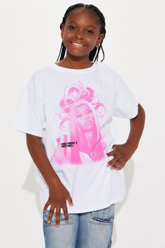 Available In White. T-Shirt Crew Neck Short Sleeve Front Screen Stretch Nicki Minaj Graphic 100% Cotton Model Wears Size 10/12 Mommy & Me Takedown Of "Nicki Minaj Pink Friday Tee" Imported | Mini Nicki Minaj Pink Friday Tee Shirt in White size 6/6X by Fashion Nova Pink Graphic T-shirt For Playwear, Playful Pre-shrunk Tops For Streetwear, Pink Graphic Print T-shirt For Playwear, White Graphic Tee For Playwear, White Graphic Print T-shirt For Playwear, Trendy Graphic Print T-shirt For Playwear, Trendy White Top For Playwear, Trendy White Top, Graphic Tee Crew Neck Tops For Playwear