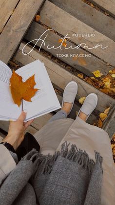 a person sitting on a wooden bench holding an open book and a maple leaf in their lap