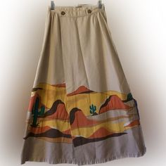 This Is Gorgeous! Vintage Signed “Ann” It’s A Wrap Skirt With Button Closure With Fabric Panel Sewn On And Quilted In Certain Parts Measurements With 2 Buttons Fastened Waist Is 13 With 1 Button Fastened To Make Larger Waist Is 15 But There Is An Open Gap Down Front Could Be Altered Easily By Adding Another Button A Few Little Spots One In Front One In Back Very Faint, Shown In Last 2 Photos, Might Come Right Out W A Quick Spot Clean! #145 Layered Deserts, Desert Scene, Skirt With Buttons, Fabric Panel, 2 Photos, Women Skirts Midi, Fabric Panels, Wrap Skirt, Vintage Signs